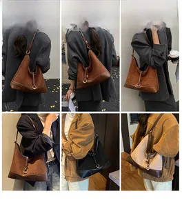 Collage of retro shoulder bags in multiple colors featuring suede and leather patchwork