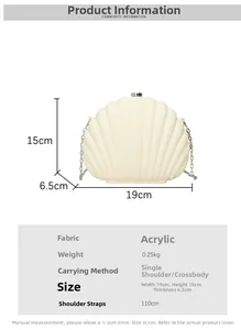 Detailed size chart for shell acrylic evening bag showing 19x15x6.5cm dimensions