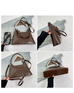Detailed four-angle view of a dark brown patent leather crossbody bag with adjustable straps