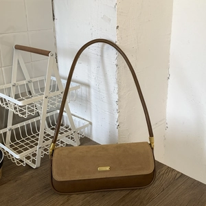 Retro brown underarm bag with suede patchwork and gold buckle for women fashion