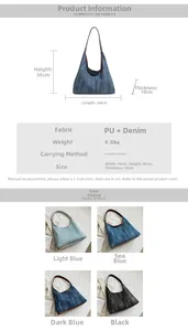Detail view of the retro patchwork denim tote bag showing its dimensions and four color options