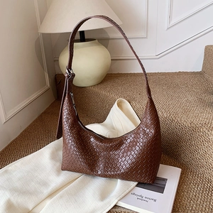 Brown woven PU leather hobo bag with adjustable strap and top zipper for women