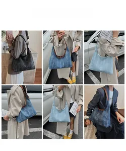Detailed views of vintage denim tote bags in black and blue with brown leather straps