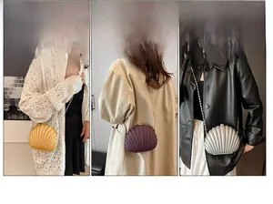 Three lifestyle shots of acrylic shell evening bags in yellow, purple, and silver with chains