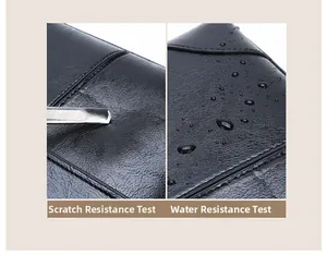 Detail of high-quality black leather showing scratch-resistant and waterproof testing