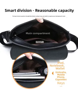 Detailed interior of black crossbody bag showing main compartment and storage capacity