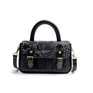 Retro black snakeskin patchwork handbag with gold hardware and detachable strap