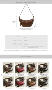 Tableau des dimensions du sac demi-lune vintage en PU avec détails des tailles et couleurs
