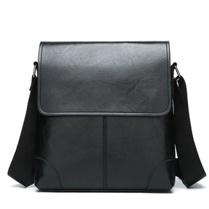Men's black PU leather business messenger bag with flap and adjustable shoulder strap