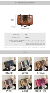 Detailed size chart and specifications for the snakeskin patchwork PU leather handbag
