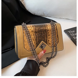 Detail of snake pattern panel and gunmetal chain strap on a vintage shoulder bag