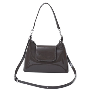 Dark grey patent leather crossbody bag with silver hardware and dual straps