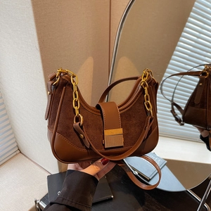Retro brown suede patchwork shoulder bag with elegant gold chain and vintage metal buckle