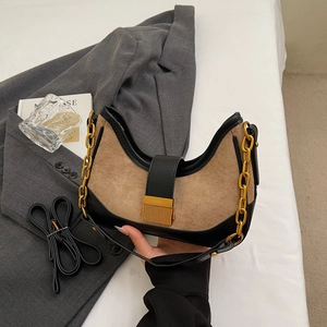 Chic suede and leather crescent bag with gold chain and dual straps for women