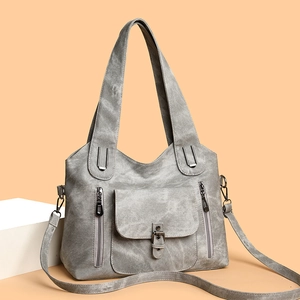 Retro grey soft faux leather tote bag with crossbody strap and front buckle pocket