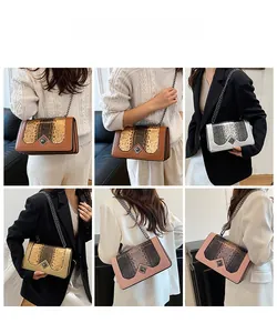 Collage of chic snake print crossbody bags with chain straps in multiple colors