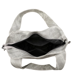 Top view of gray canvas tote bag showing interior compartments and zipper pocket