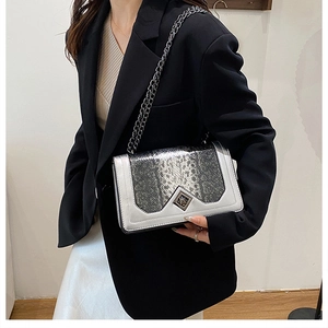 Detail of silver chain strap and snake pattern flap on a crossbody shoulder bag