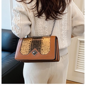 Detail of vintage brown shoulder bag featuring snake skin texture and metal chain strap