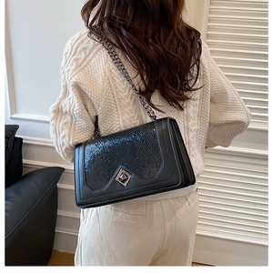 Detail of vintage black shoulder bag with snake skin pattern and metal chain strap