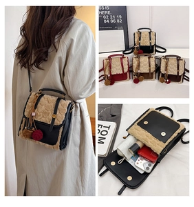 Detailed view of four colorful plush backpacks showing spacious interior storage and flap cover