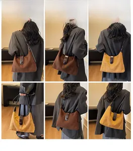 Detailed close-up showing brown and khaki vintage shoulder bags with magnetic button flap