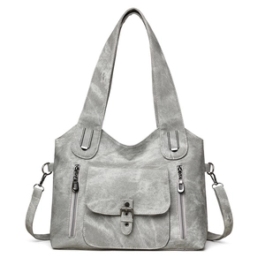 Vintage gray soft leather shoulder bag with buckle pocket and dual zipper details