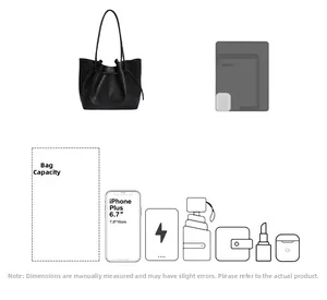 Detailed capacity view of black leather bucket bag with items like phone and iPad