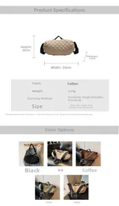 Detailed size specifications and color options for the quilted rhomboid tote bag