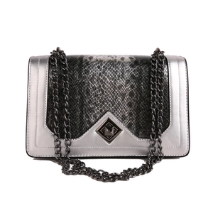 Metallic silver leather chain crossbody bag with snake skin pattern on front panel