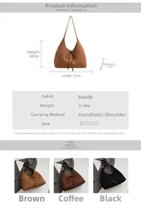 Detailed size chart and parameter guide for the suede bow tote bag with color options