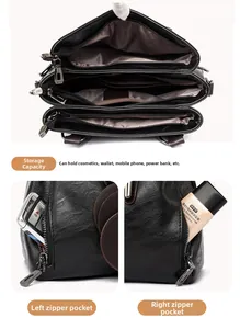 Detailed view of black multi-compartment tote bag featuring triple zipper sections and side pockets