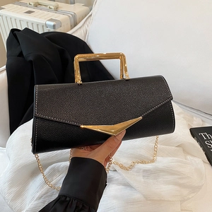 Retro black faux leather crossbody bag with gold metal handle and V-lock chain strap