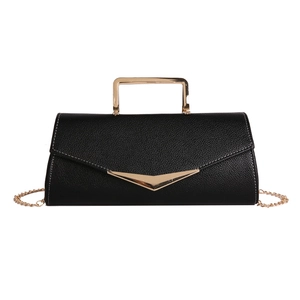 Retro black leather crossbody bag with gold metal handle and envelope flap closure