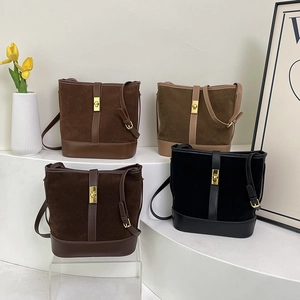 Vintage Suede PU Leather Bucket Bag For Women Retro Casual Shoulder Crossbody Bag With Metal Turn Lock Adjustable Strap