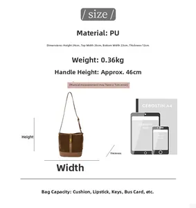 Detailed size guide for brown PU leather bucket bag with precise dimensions and scale
