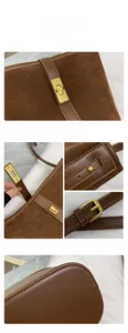 Detailed macro view of dark brown suede bucket bag with gold turn-lock and precise stitching
