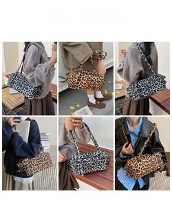 Detailed views of leopard print bowling bag shown in various street style fashion poses