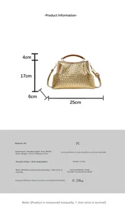 Détail du sac tressé doré en cuir PU avec dimensions et bandoulière de 110cm réglable