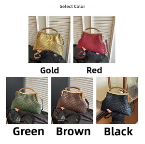 Détails des sacs à main tissés en cinq couleurs vintage avec cadre en métal et poignées en bois
