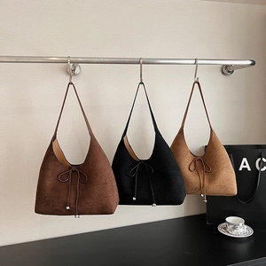 Hobo Bag Suede Large Capacity Women Shoulder Handbag With Bow Tie And Silver Metal Beads Commuter Casual Fashion