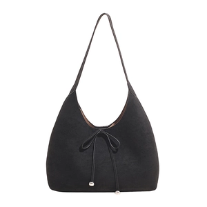 Large black suede hobo shoulder bag with bow detail for daily minimalist fashion