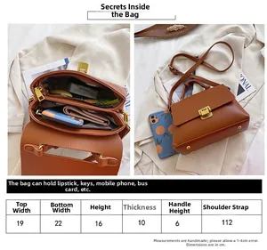 Tableau des tailles et compartiments internes du sac à main vintage marron pour femme