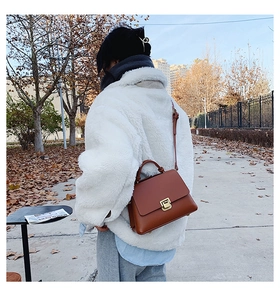 Outdoor shot showing the brown leather crossbody bag with top handle and gold buckle