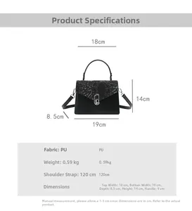 Detailed size chart of the snake pattern PU handbag with dimensions and weight specs