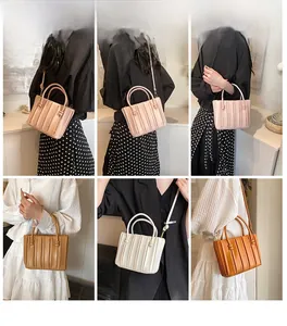 Detail showing various colors of pleated leather handbags worn by a model in lifestyle scenes
