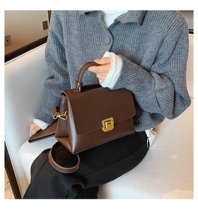 Détail d'un sac bandoulière marron foncé avec boucle métallique dorée et poignée supérieure