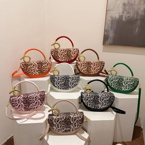 Women Leopard Print Semi Circular Saddle Handbag PU Leather Gold Twisted Metal Handle Fashion Retro Crossbody Bag