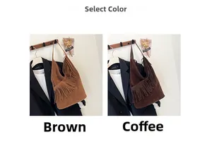 Borse a tracolla in pelle scamosciata boho con lunghe frange color marrone e caffè