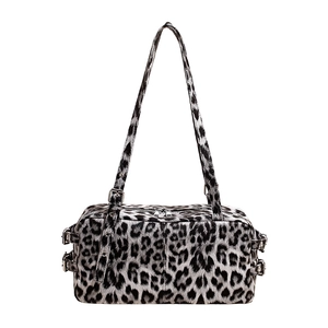 Chic leopard print bowling bag with adjustable straps and silver metal hardware